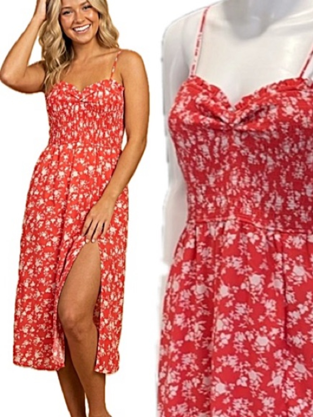 ROW A Liberty Floral Midi Dress Size XS Coral Smocked Spaghetti Strap Sundress